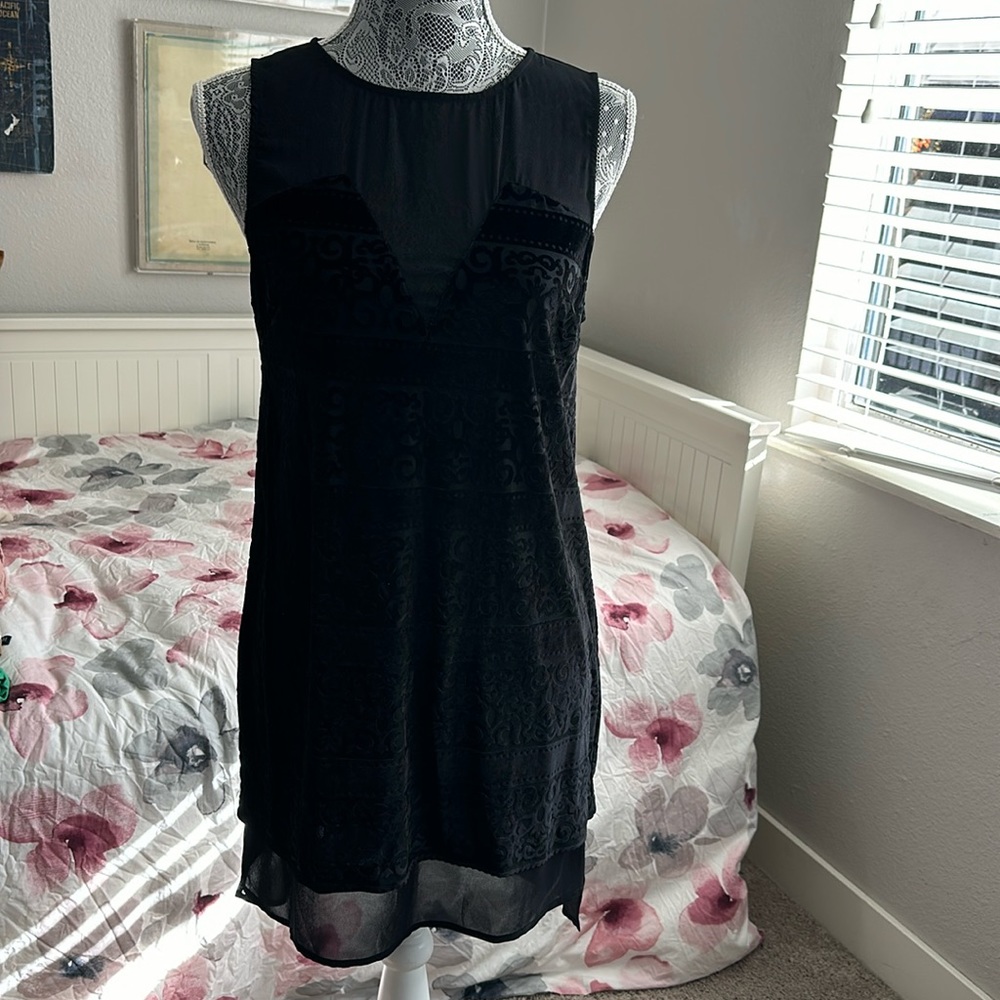 ASTR Black Velvet Mesh and Patterned High Neck Midi Cocktail Part Event Dress